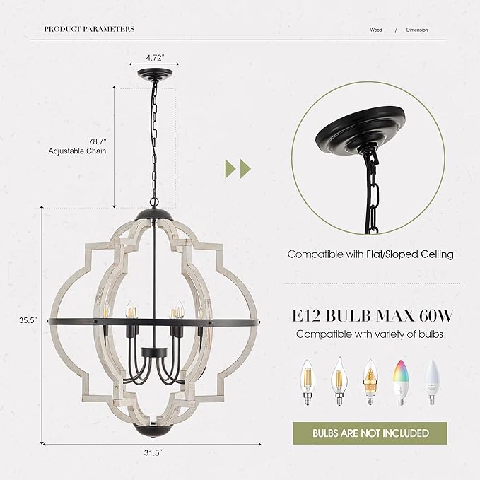 31.5'' 8-Light Farmhouse Chandelier for Dining Room Vintage Rustic White Wood Pendant Light Fixtures Globe Hanging Ceiling Lighting for Hallway Entry