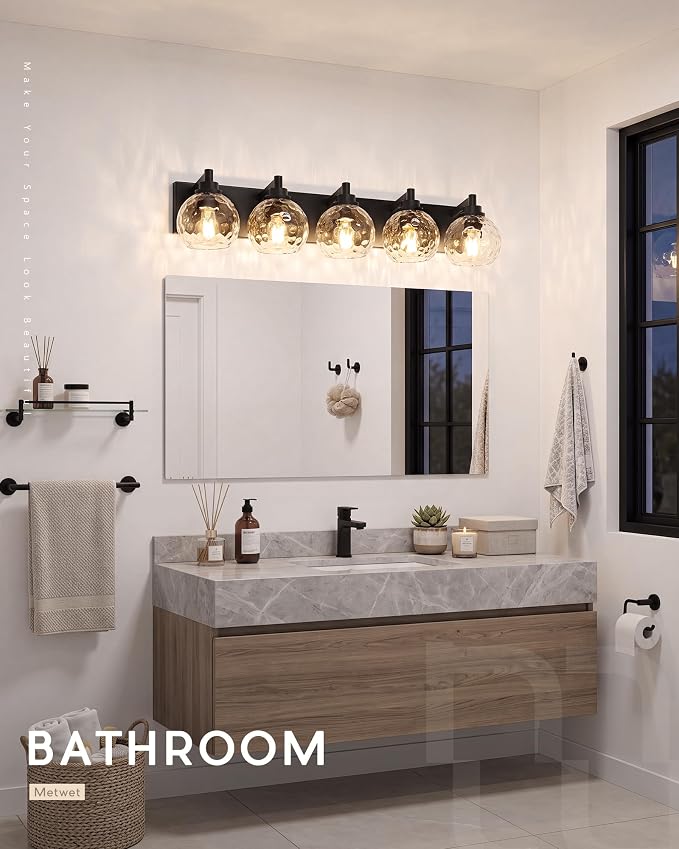 5-Light Black Bathroom Vanity Light, Hammered Glass Globe Shade | 32 Inch matte black modern bathroom light fixture over mirror, UL listed, E26 bulbs, hardwired, upward only, VL200-MB-CL-5