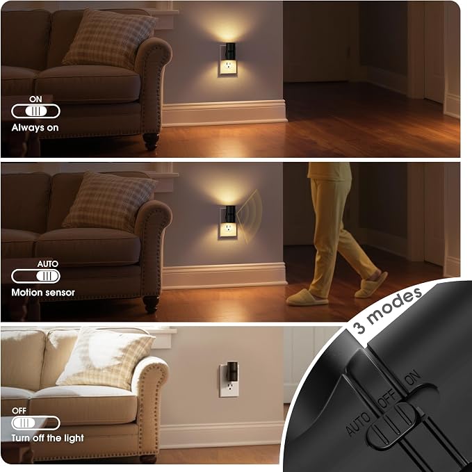 JandCase Motion Night Light, Rotating Night Lights Plug into Wall, 3 Colors | 3000K-5000K-Amber, Dusk to Dawn & Motion Sensor, 3 Level Brightness Nightlight for Bathroom Bedroom Hallway [4 Pack]