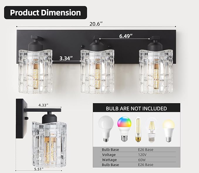 3 Lights Matte Black Crystal Bathroom Vanity Light,Modern Bathroom Wall Light,Crystal Over Mirror Light Fixtures for Living Room, Bedroom, Hallway