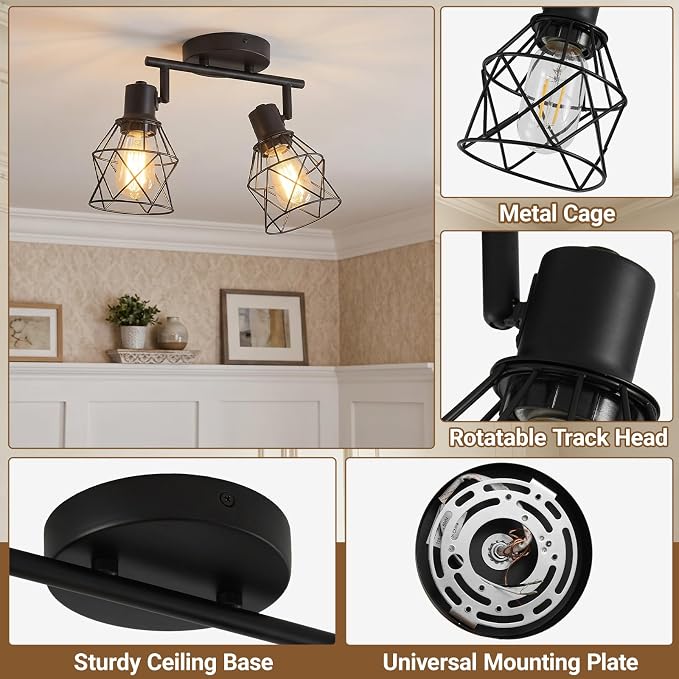 LOUSACE 2-Lights Kitchen Light Fixtures Ceiling Mount, Adjustable Flush Mount Ceiling Light with Metal Cage, Farmhouse Track Spotlight Ceiling Fixtures for Dining Room Entryway Living Room