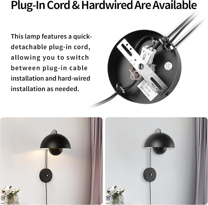 Mid-Century Modern Bud Plug in Wall Sconces for Bedroom, Glossy Black | Indirect lighting reading wall lamp, all-metal construction, plug-in or hardwired install, fits bedroom bedside, living room