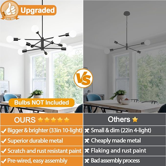 Sputnik Chandeliers Dining Room Light Fixture (10-Light, 32-Inch), Modern Black Chandelier, Height Adjustable Mid Century Modern Chandeliers for Dining Room Kitchen Island (Bulbs Not Included)