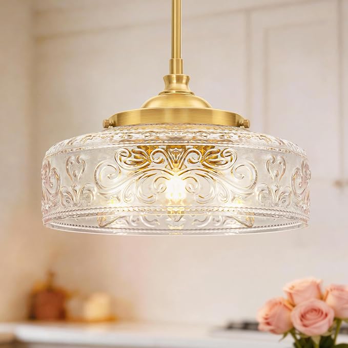 3-Light Adjustable Pendant Lights Kitchen Island, Gold Brushed Metal & Clear Glass Ceiling Pendant Light, Vintage Brass Drop Lights for Bathroom, Hallway, Convertible Ceiling Mount Or Hanging Fixture