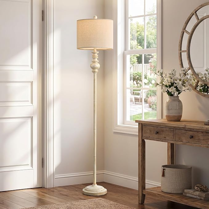 BOBOMOMO 64.25" Farmhouse Floor Lamp for Living Room, Tall Antique White Standing Lamp with Gold Accents, Rotary Switch Reading Lamp for Bedroom & Nursery, Classic Home Decor Corner Lamp