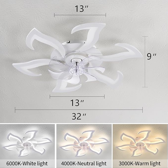 Modern Ceiling Fan with Lights Remote Control, 32" White Flush Mount Ceiling Fan with Light, 6 Speeds 3 Light Color Low Profile Ceiling Fan for Kitchen Bedroom