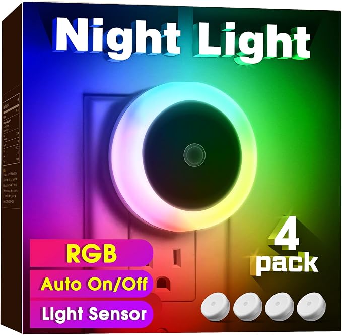 Night Light for Kids, Dynamic RGB Color Changing Night Lights | Nightlight with Light Sensors, Kids NightLights for Bedroom, Plug in Night Light for Boys, Girl NightLight, 4 Pack