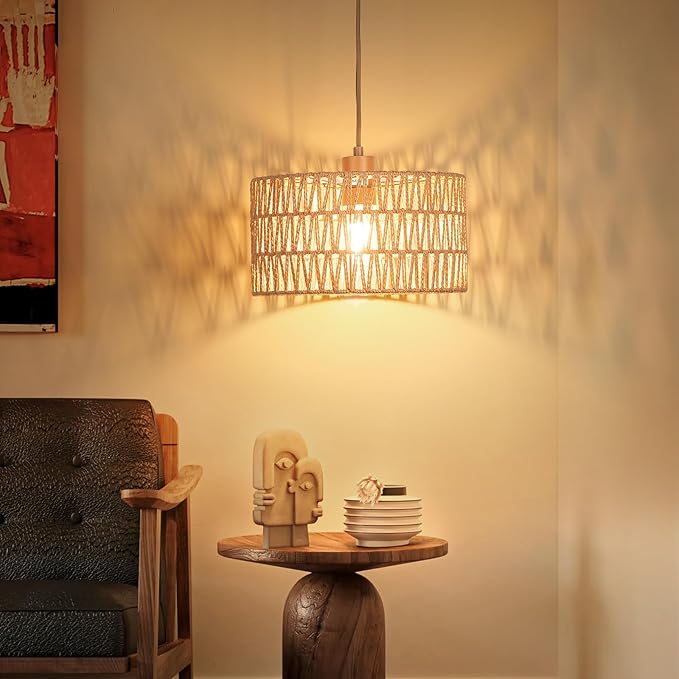 Plug in Pendant Light Rattan Hanging Lamp, Boho Hanging Lights with Paper Woven & Fabric 2 in 1 Shade, 3-Way Dimmable Bulb Included, Ceiling Light Fixture for Living Room,Bedroom,Farmhouse