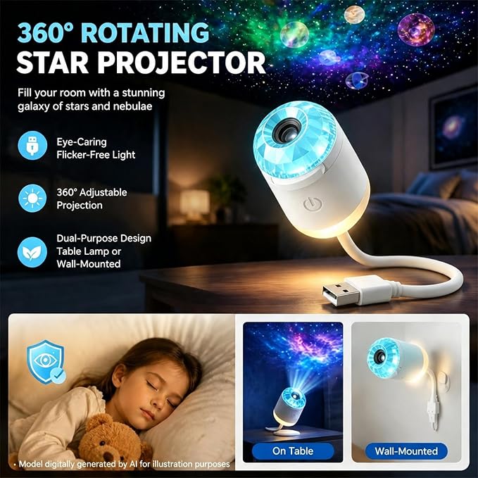 2-in-1 Galaxy Ocean HD Smart Dynamic 5D Holographic Night Light Projector | Plug and Play, USB Portable, Adjustable Brightness, 360° Rotating Design, Star Starry Sky Mini Projector for Bedroom, Blue