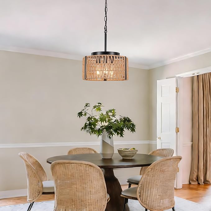 Boho Rattan Chandelier, 3-Light 13.7”Farmhouse Chandeliers Light Fixture with Rustic Wicker Rattan Pendant Light for Living Room,Kitchen Island Bedroom(E26 Bulbs Not Included)