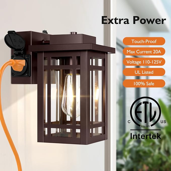 2-Pack Outdoor Porch Lights with Outlet,Dusk to Dawn Modern Outdoor Wall Lights Exterior Lighting Fixtures Waterproof,Orb Bronze Outside Light for House Patio Garage Hallway