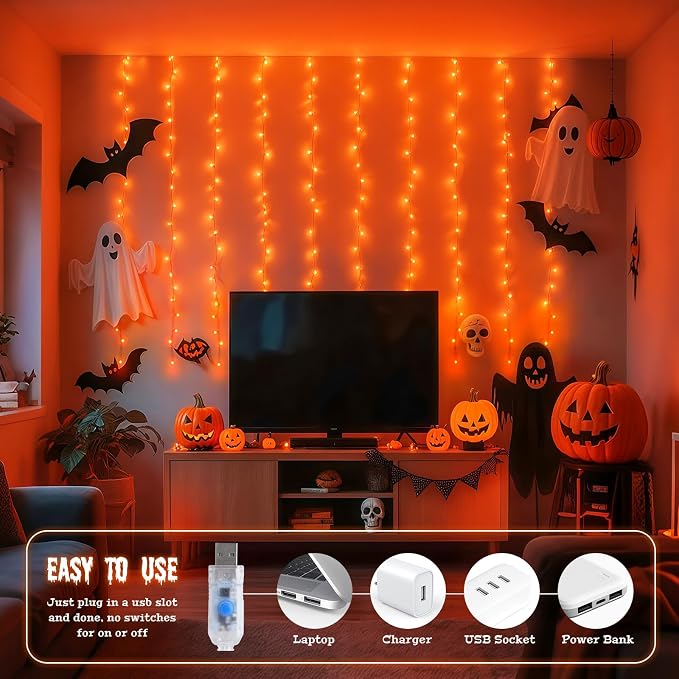 JMEXSUSS Orange Curtain Lights for Halloween, USB Plug in, 200 LED | Remote Control, Halloween Curtain String Lights, 8 Modes Orange Hanging Window Lights for Bedroom Party Indoor Outdoor Decor