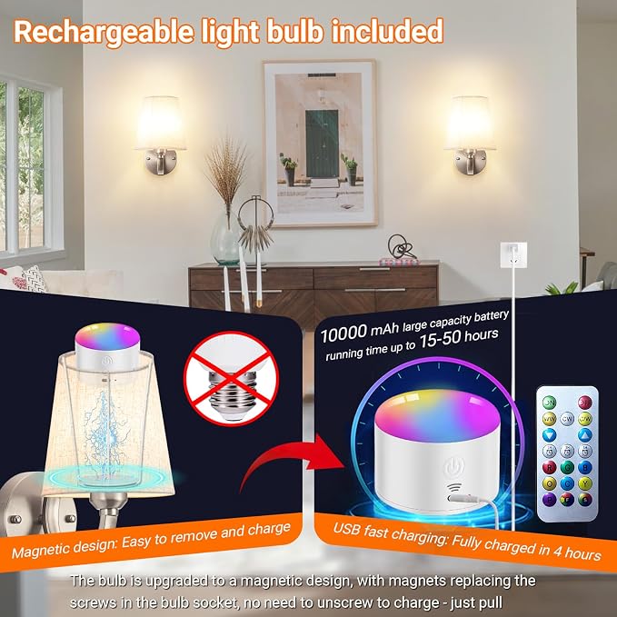 YHCDLAMP Peel and Stick Wall Sconces, No Drilling Stick On Wall Sconce, Wireless Battery Operated Wall Lights, Adhesive Wall Lamp with 10000mAh Battery Bulb for Bedroom Living Room Decor