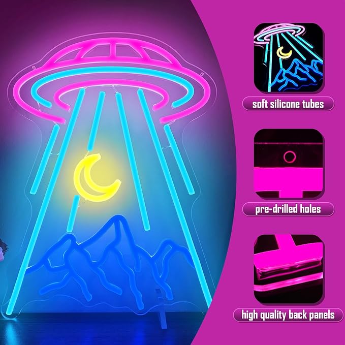 UFO Neon Sign for Wall Decor Alien Spaceship Mountain Neon Sign Dimmable Moon LED Neon Light Signs Light Up Sign for Bedroom Kids Space Game Room Decor Beer Bar Nightclub Shop Gift