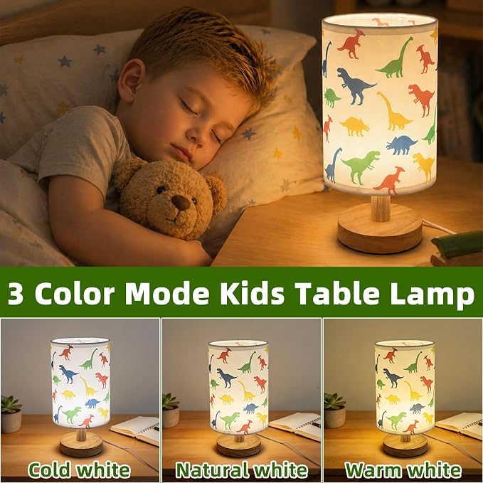 Dinosaur Kids Table Lamp for Bedroom Boys Bedside Lamps,3 Colors Dimmable Dinosaur Nightstand Night Light with Cartoon Lampshade Desk Lamp for Girls Boys Room Nursery Decor Dino Birthday Gifts for Boy