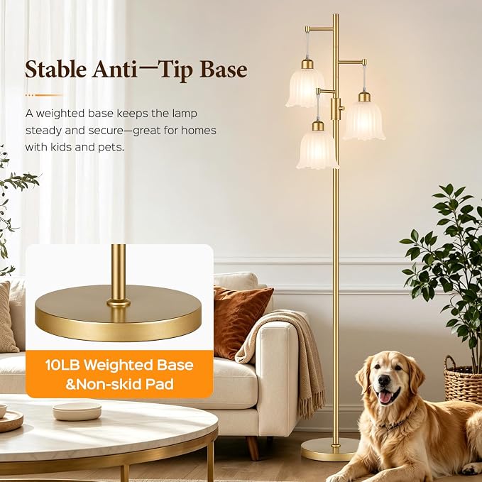 Dimmable Flower Floor Lamp, 3 x 900LM LED Bulbs Included, Modern | 70" Gold Tree Standing Lamp, 3 Lights Elegant Frosted Glass Flower Shade Vintage Floor Lamps for Living Room, Bedroom, Office