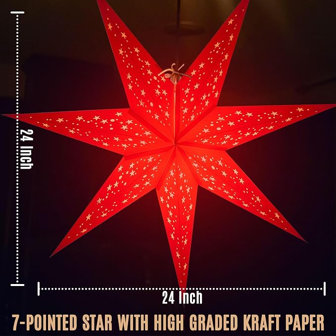 GalaxyArts 24-Inch Red Paper Star Lantern - 3D 7-Point Hanging Decoration for Christmas, Diwali, Party, Wedding - Handcrafted Foldable Lamp for Indoor & Outdoor Use - Boho Star Light (Medium)