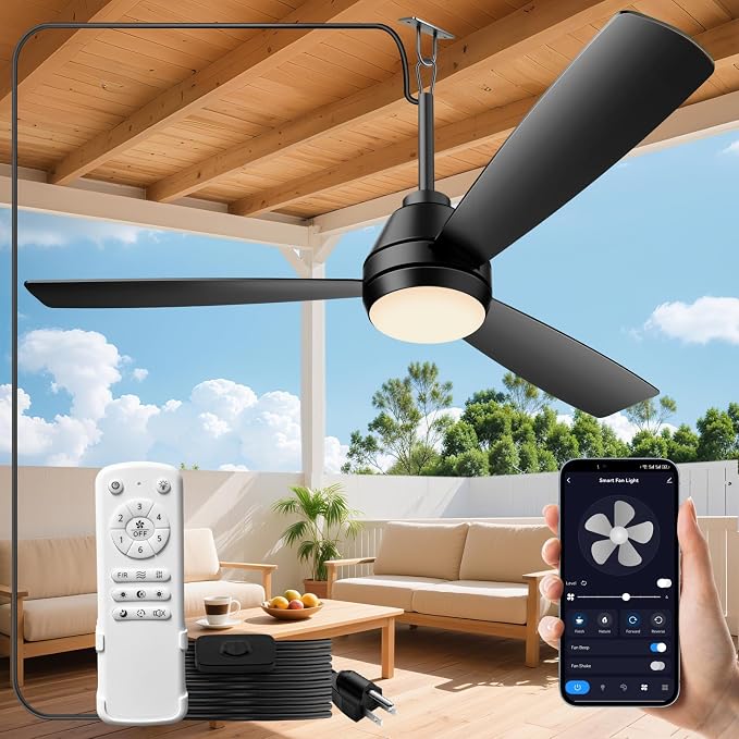 PBLALA 52" Outdoor Ceiling Fans with Lights,Plug in Ceiling Fan Light,Gazebo Fan Light,Hanging with Hook,50W,3CCT,App&Remote Control,6-Speeds,DC Motor,Portable Fan for Patios,Pergola