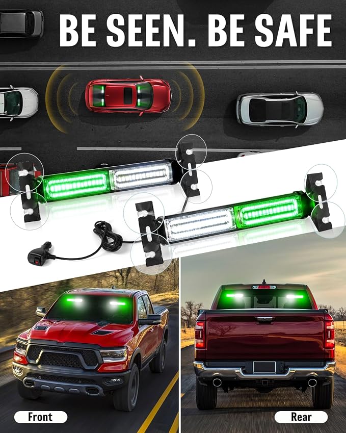 HLauto 1002L Emergency Strobe Traffic Advisor Light Bar: 40LED Dash Safety Warning Flashing Front/Rear Windshield Visor Light for Construction Vehicle, Trucks (2x10.7inch, Green White)