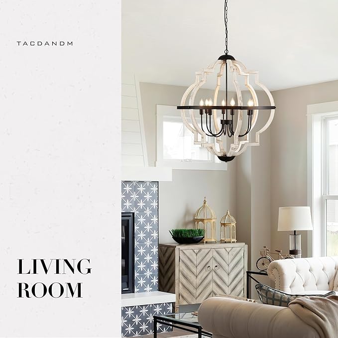 31.5'' 8-Light Farmhouse Chandelier for Dining Room Vintage Rustic White Wood Pendant Light Fixtures Globe Hanging Ceiling Lighting for Hallway Entry