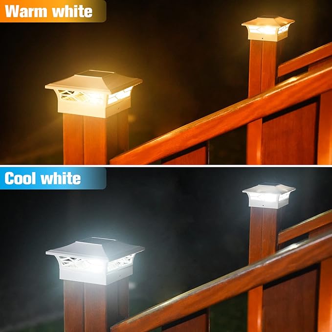 VOLISUN Solar Post Cap Lights: 8 - Pack Outdoor Deck Post Cap Lights White for Dock Fence Waterproof 2 Color Modes,4x4/6x6 Wooden/Vinyl Posts
