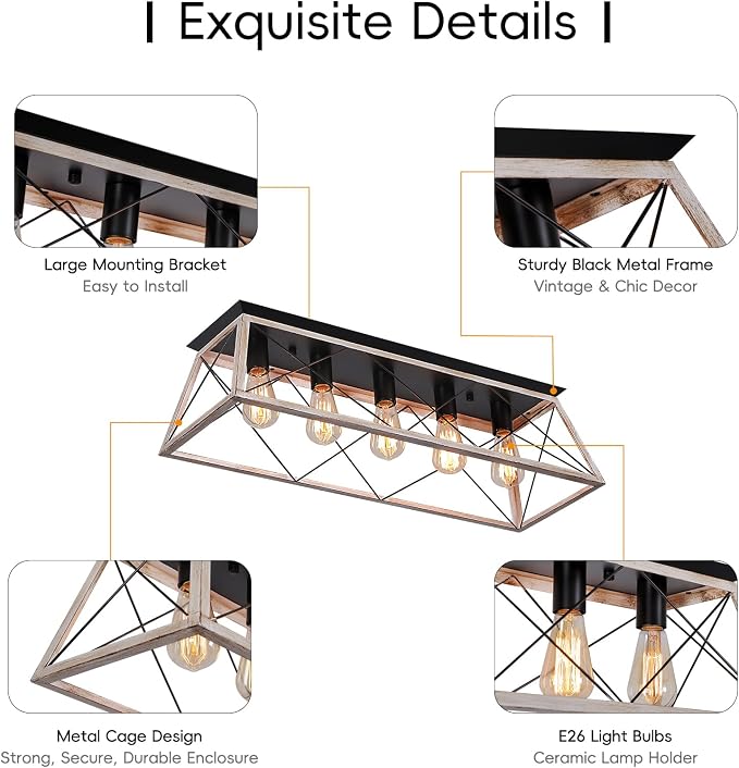 31.5" Large Flush Mount Ceiling Light Fixture, X-Shaped Metal Cage Design, Dimmable 5-Light Close to Ceiling, Farmhouse & Vintage Industrial Style, for Dining Room, Kitchen Island, Living Room