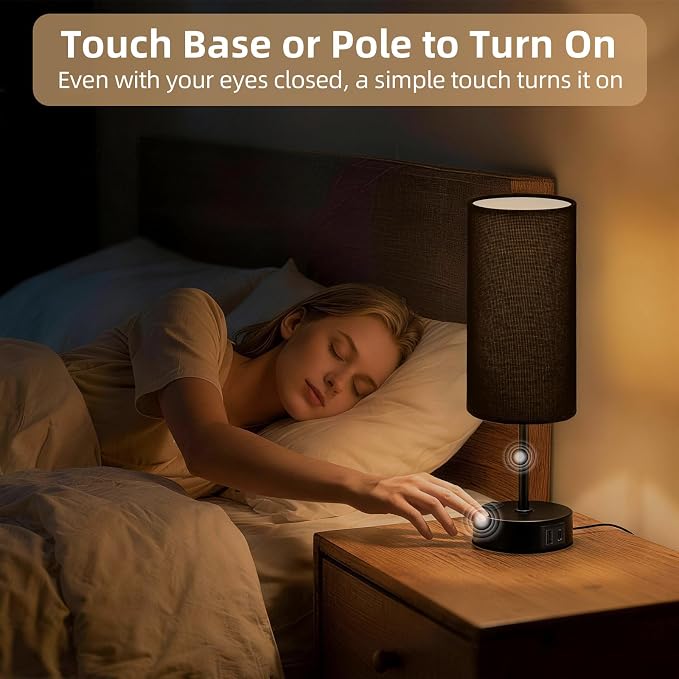 Table Lamp for Nightstand, High-Sensitivity Touch, 3-Level Dimmable Bedside Lamp with AC Outlet | USB | and USB-C, Ideal Night Stand Lamp for Bedroom (1, Black)
