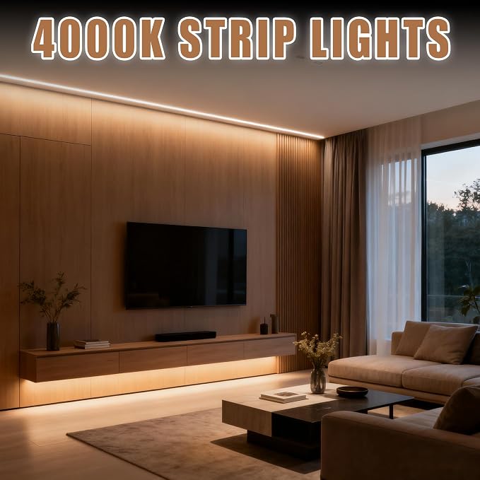 RadiantFlux 4000K 10Ft LED Strip Lights, Natural Daylight LED Tape for Indoor, Dimmable Flexible Super Bright Lighting for Living Room, Kitchen & Vanity Mirror