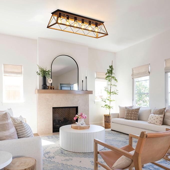 38” Farmhouse Large Flush Mount Ceiling Light Fixture with Walnut Finish | 6-Light Vintage Industrial Flush Mount Chandelier with Cage Design for Dining Room Kitchen Island Living Room Hallway