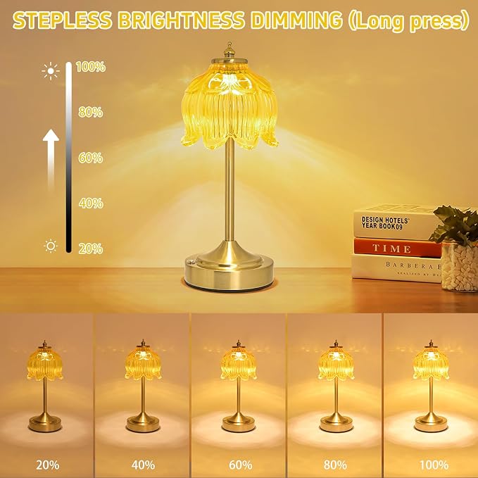 Cordless Table Lamp, Rechargeable Honey Gold Glass Lotus Flower Lamp | 5200mAh touch lamp with 3 color modes and stepless dimming, battery operated lamp for nightstands and kitchen counters