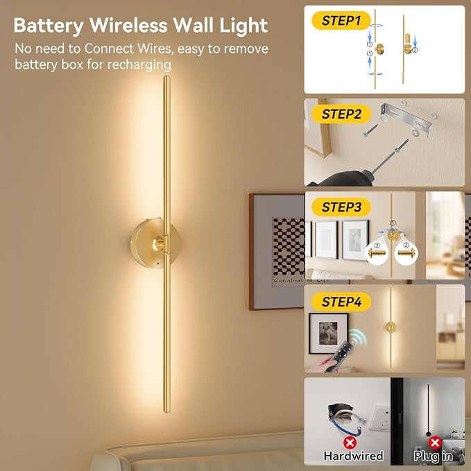 Battery Operated Wall Sconces Set of 2, 8000mAh Wireless Rechargeable 3000-6000K Dimmable 350° Rotate Wall Light with Remote for Living Room, Bedroom 31.6in Gold