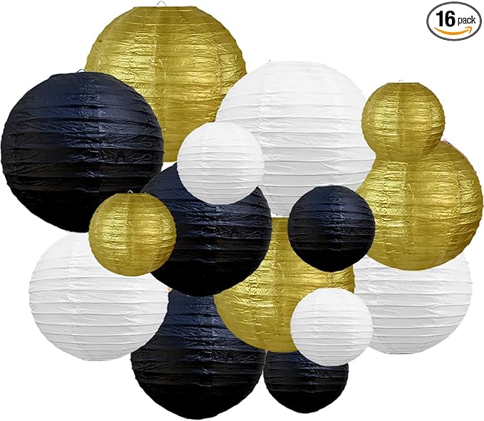 BEISHIDA 16 Pcs Black Gold Paper Lanterns,Hanging Decorative Chinese Japanese Round Paper Lantern Lamp for Wedding Graduation Anniversary Birthday Party Decoration