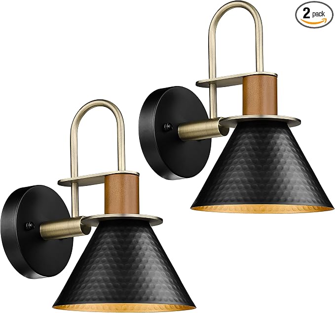 Modern Wall Sconces Set of Two, HWH Industrial Sconce Wall Lighting 1-Light, Brass Barn Wall Vanity Light for Bedroom Kitchen, Hammered Metal Shade, Black and Gold Finish, 5HZG74B-2L BK+BG
