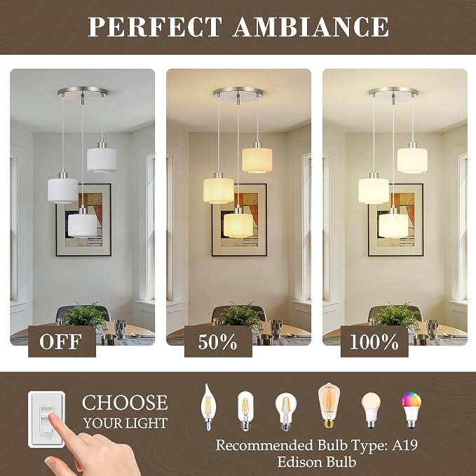 Brushed Nickel Dining Room Chandelier Light Fixture, 3-Light Pendant Lighting with Milk Glass, Modern Kitchen Island Cluster Hanging Pendant Lights for Kitchen Dining Room, OS-YQ8153-3BNW