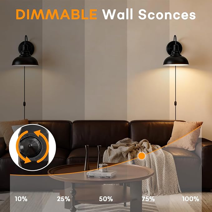 Lightess Plug in Wall Sconces Set of 2, Black Lamp with Cord Dimmer Switch | Gooseneck Farmhouse Style, Dimmable Switch Easy Brightness Control, Rustic Industrial Barn Style Fits Indoor Household Decor