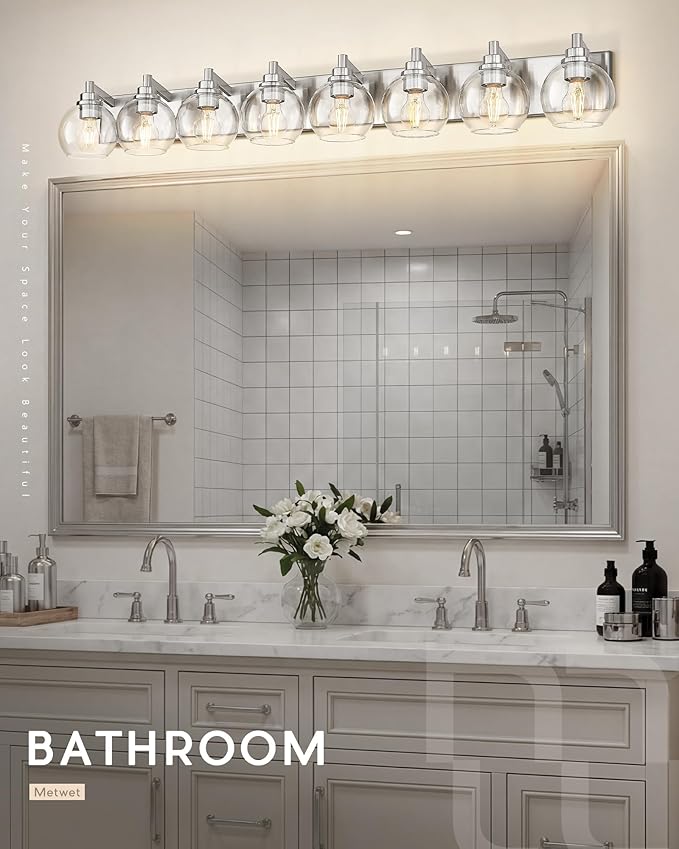 Bathroom Light Fixtures, 8 Light Brushed Nickel Vanity Light, 52 Inch Modern Wall Sconces with Globe Clear Glass Shade, Vanity Lighting Fixtures Over Mirror, VL195-BN-8
