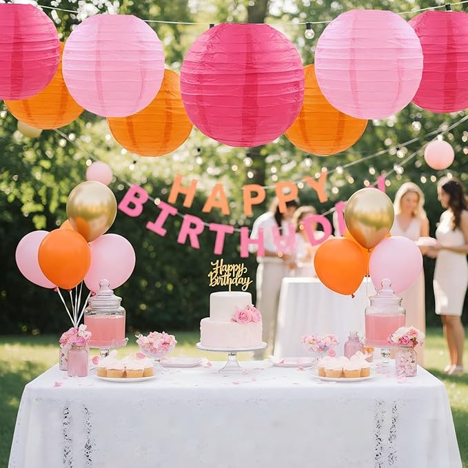 12pcs Hot Pink and Orange Paper Lanterns - Round Ceiling Hanging Paper Lampshades,for Birthday, Baby Shower, Wedding, Party Decorations (4", 6", 8", 10")