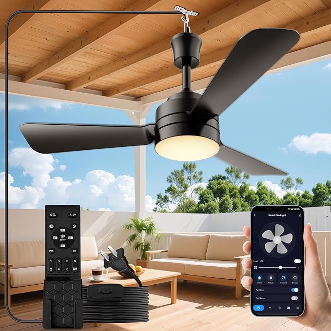 PBLALA 28" Gazebo Fan with Light,Plug in Ceiling Fan Light,Outdoor Ceiling Fan with Light,Hanging Fan with Hook,35W 3000-6500k,Remote/APP Control,Portable Fan Light for Patios,Porch