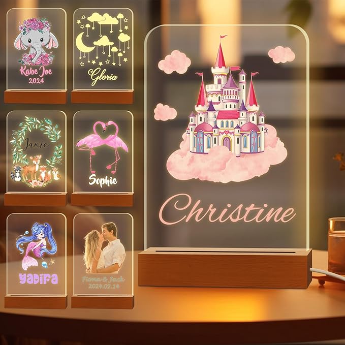 Personalized Night Light for Kids Custom Engraved Name Acrylic LED Lights with Wood Base for Nursery Bedroom Decor Night Lamp, Customized Birthday Gifts for Boy and Girl,Castle