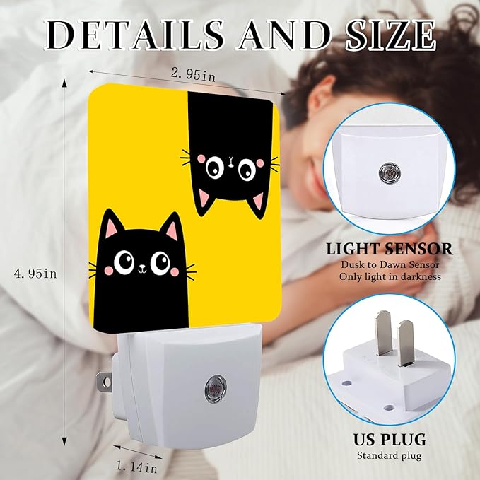 Cute Black Cat Night Light, Plug-into Wall Yellow Nightlight Lamp with Dusk to Dawn Sensor, Led Lamp 0.5W Energy Efficient for Boys Girls Adults Home Decor