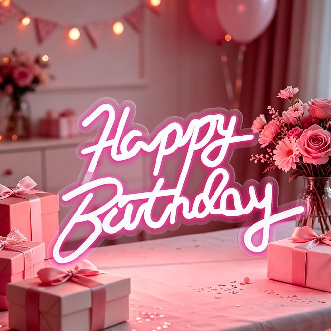 Happy Birthday Neon Sign for Wall Party Decor, LED Happy Birthday Light up Sign for Backdrop, 16"x 11" USB Powered 10 Brightness Settings Light up Signs Party Decorations Backdrop, Pink