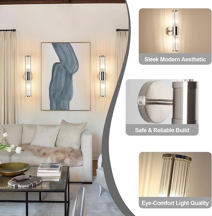 Dual Sconce Vanity Set, Brushed Nickel Wall Light with Clear Glass Rods Shape, Industrial Vanity Lighting for Bathroom Mirror and Modern Bedroom