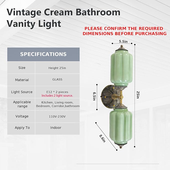 Vintage Milk Glass Bathroom Vanity Light - 2-Light Wall Sconce with Brass Finish Base & Green Glass Shade - Wall Sconce Lighting for Mirror, Kitchen, Living Room, Gallery (Bulbs Included) (Green)