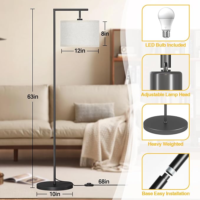 Floor Lamp for Living Room with 3 Color Temperatures Standing Lamp with Adjustable Beige Linen Lampshade Tall Lamps for Bedroom Office Classroom Dorm Room, 9W LED Bulb Included, Black | 3 Color Temperatures, Adjustable Beige Linen Lampshade, For Living...