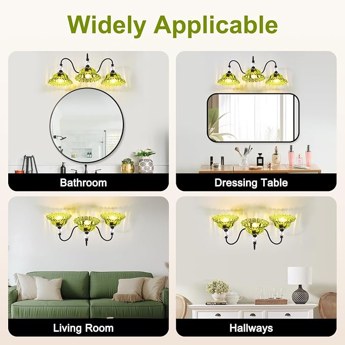 Vintage Bathroom Vanity Light Fixtures 3 Lights Matte Black Vanity Lights for Bathroom with Floral Green Crystal Glass Shades Vanity Wall Lights for Mirror Bedroom Living Room Hallway