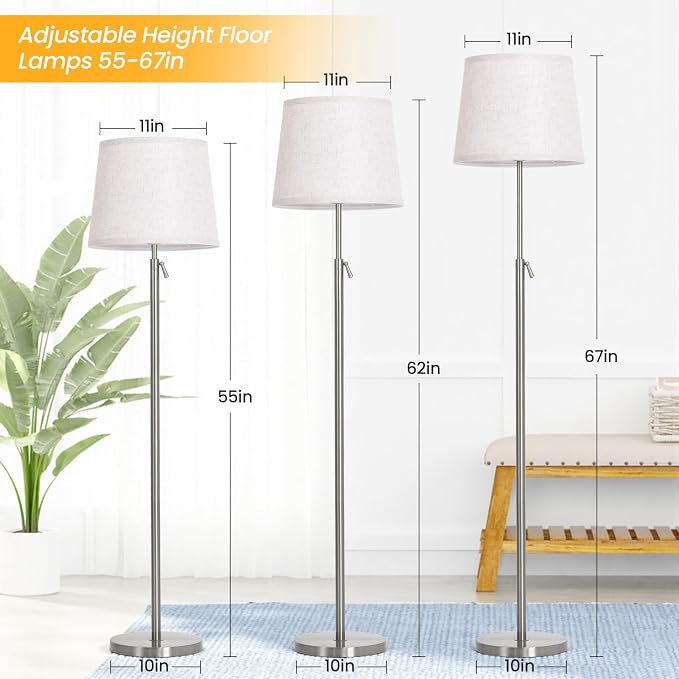 Floor Lamp Height Adjustable with Remote Control for Living Room Silver | Height adjustable 55" to 67" Silver Standing lamp Bright Dimmable 12W Bulb with Remote for living room bedroom corner