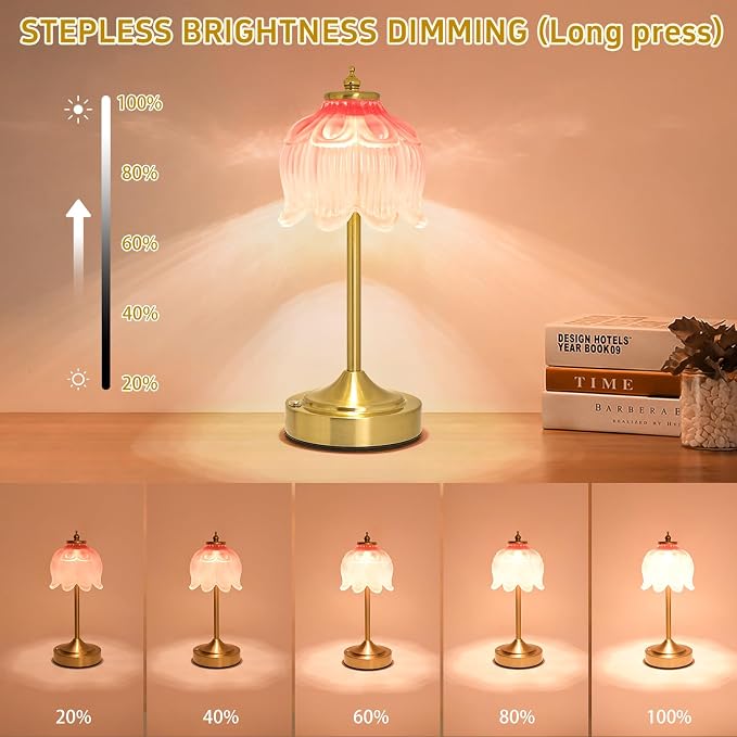 Cordless Table Lamp, Rechargeable Blush Pink Glass Lotus Flower Lamp | 5200mAh touch lamp with 3 color modes and stepless dimming, battery operated lamp for nightstands and kitchen counters