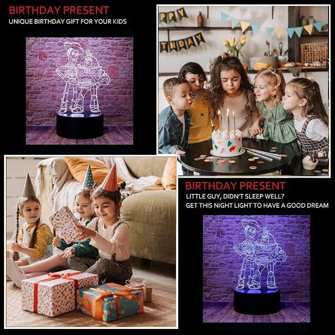 Cute Story Anime Character 3D Visual LED Bedroom Decor Sleep Night Light | Suitable for Sheriff Woody and Buzz with Remote 7 Colors Acrylic Optical Illusion Table Lamp Birthday for Kids