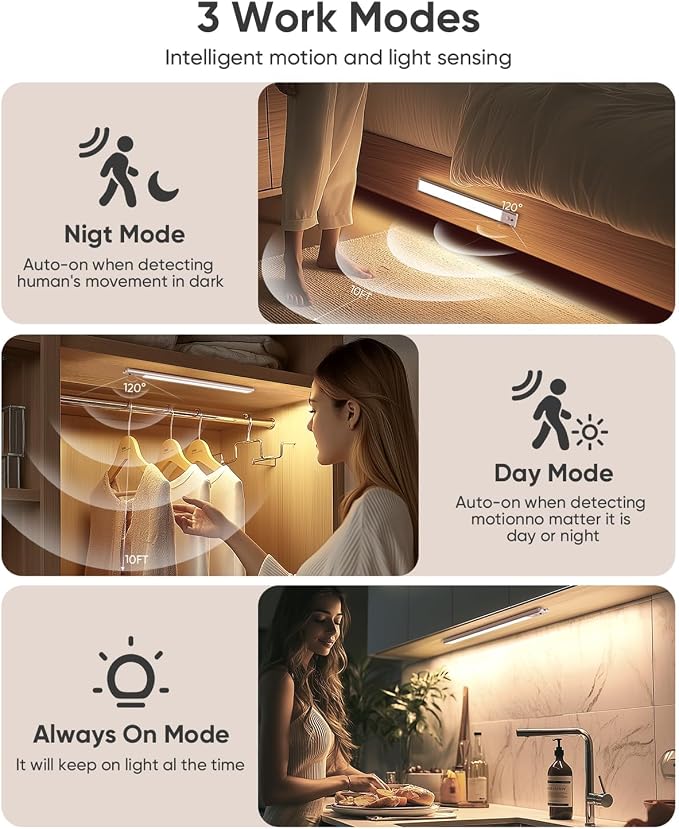 10inch Under Cabinet Lighting Wireless, LED Rechargeable Motion Sensor Light Indoor, Closet Lights with Remote, 3 Color Temps, Dimmable, Magnetic Under Counter Light for Kitchen, Stair, 4 Pack