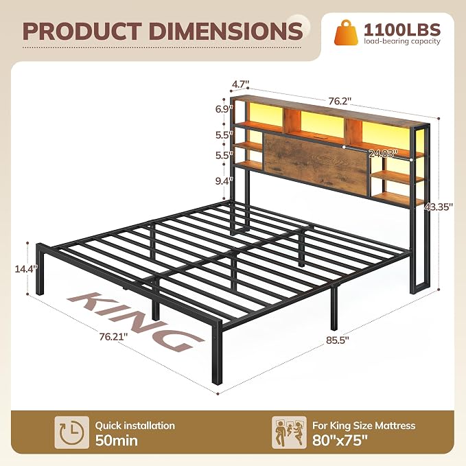 Homkdom King Bed Frame with Storage Headboard and Charging Station,Brown | LED Lights，12.2" Under-Bed Storage，Supports up to 1100 LBS，No Box Spring Needed，Noise-Free,Easy Assembly